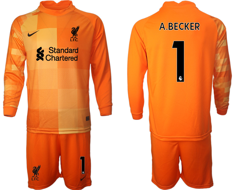 Men 2021-2022 Club Liverpool orange red goalkeeper Long Sleeve #1 Soccer Jersey->manchester city jersey->Soccer Club Jersey